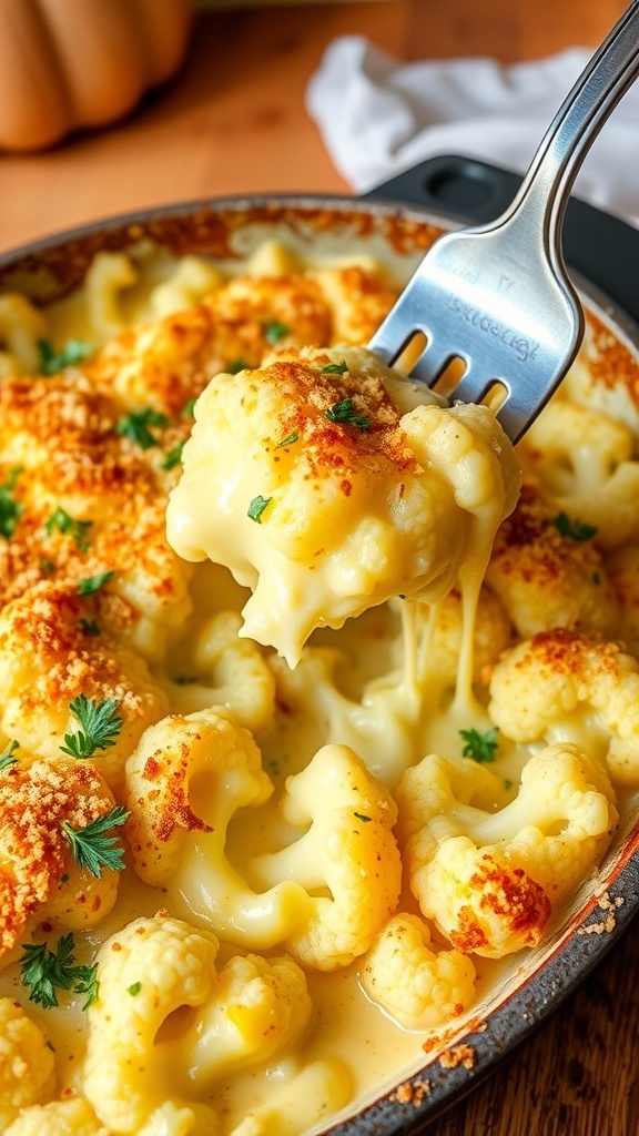 A golden-brown cauliflower cheese bake in a rustic dish, garnished with parsley, ready to serve.